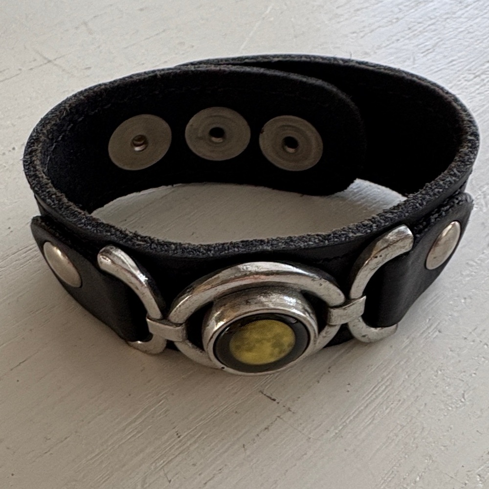 moon phase Black Leather Bracelet with adjustable snap closure